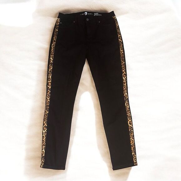 NWOT 7 FOR ALL MANKIND Ankle Gwenevere Black Jeans with Leopard Side Stripe - Picture 2 of 10